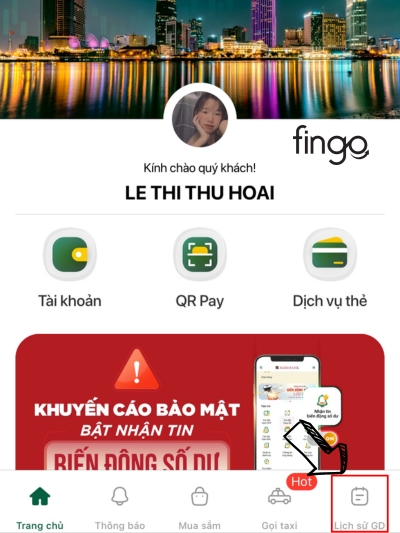 Chọn mục lịch sử giao dịch ở góc cuối bên phải