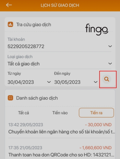 Chọn icon kính lúp sau khi chọn ngày giao dịch