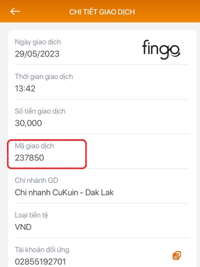 Mã giao dịch gồm 6 số được hiển thị trên biên lai giao dịch