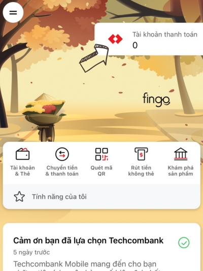 Trên màn hình ứng dụng hiển thị số dư tài khoản Techcombank