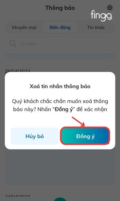 Chọn Đồng ý để xác nhận thủ tục xóa thông báo lịch sử BIDV