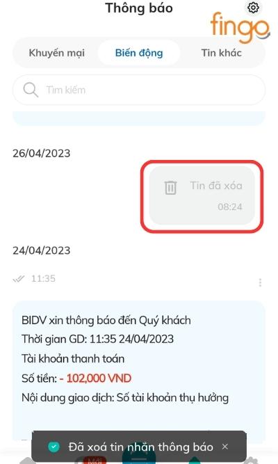 thông báo giao dịch mà khách hàng chọn sẽ được xóa