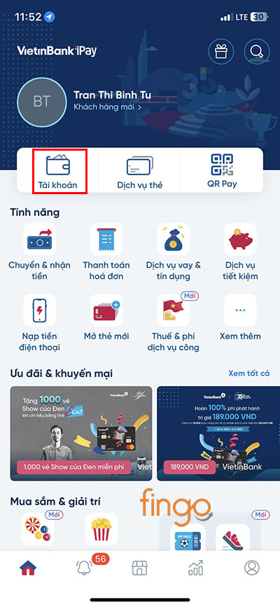 Đăng nhập vào Vietinbank iPay và chọn Tài khoản