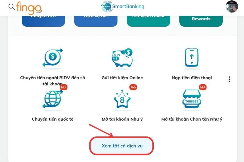 Đăng nhập tài khoản SmartBanking BIDV và xác thực đăng nhập. Sau đó tại màn hình chính, chọn Xem tất cả dịch vụ.