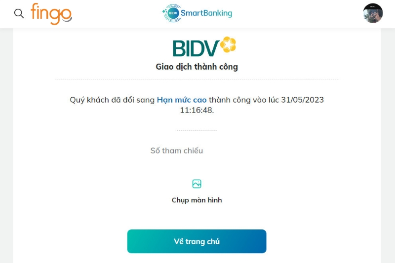 Màn hình sẽ hiển thị thông báo giao dịch đổi hạn mức chuyển tiền BIDV thành công