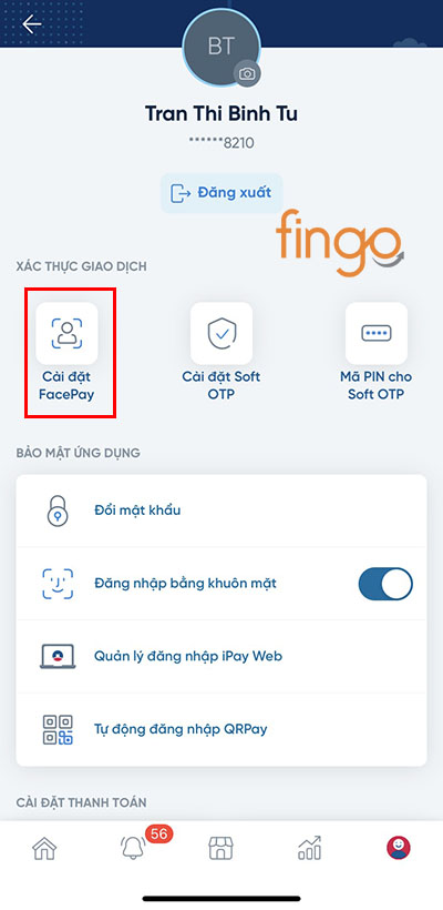 Vào tính năng xác thực FacePay