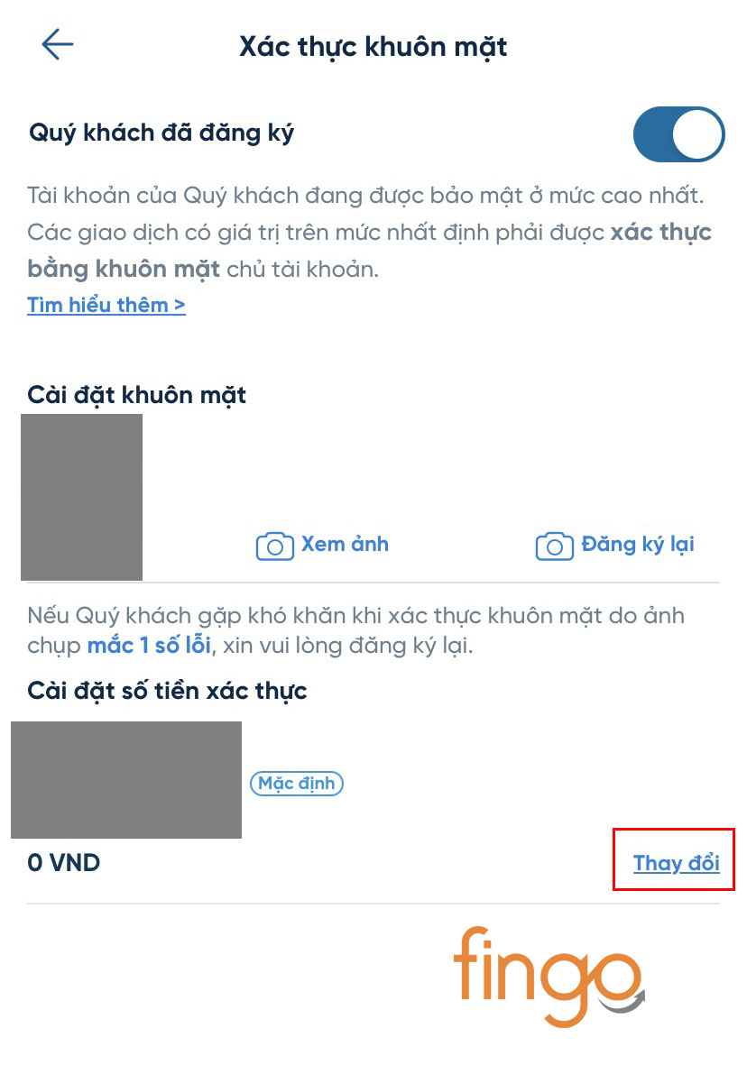 Bấm thay đổi số tiền hạn mức