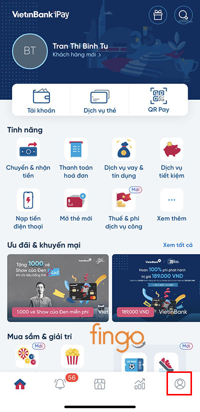 Đăng nhập vào ứng dụng Vietinbank và chọn mục Cá nhân