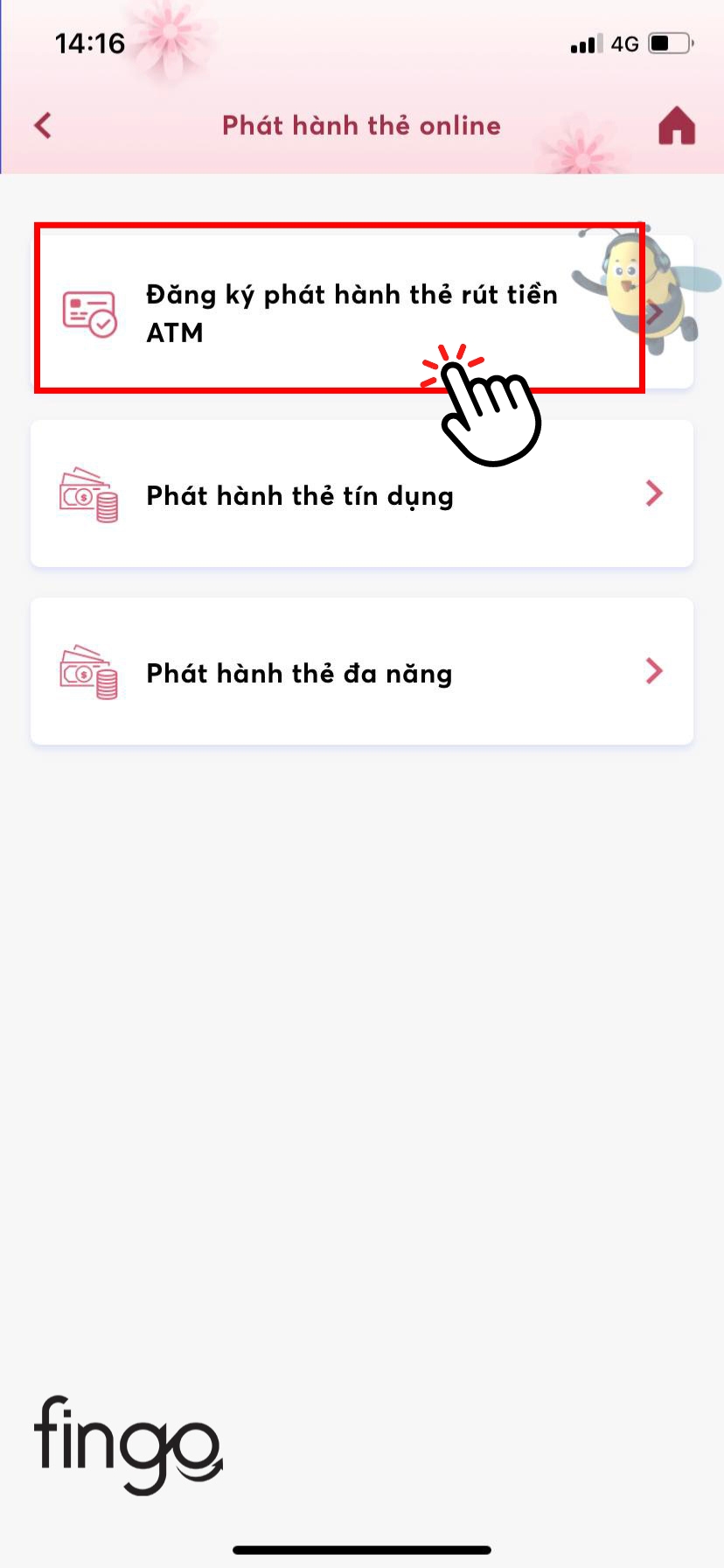 Chọn vào "Đăng ký phát hành thẻ rút tiền ATM"