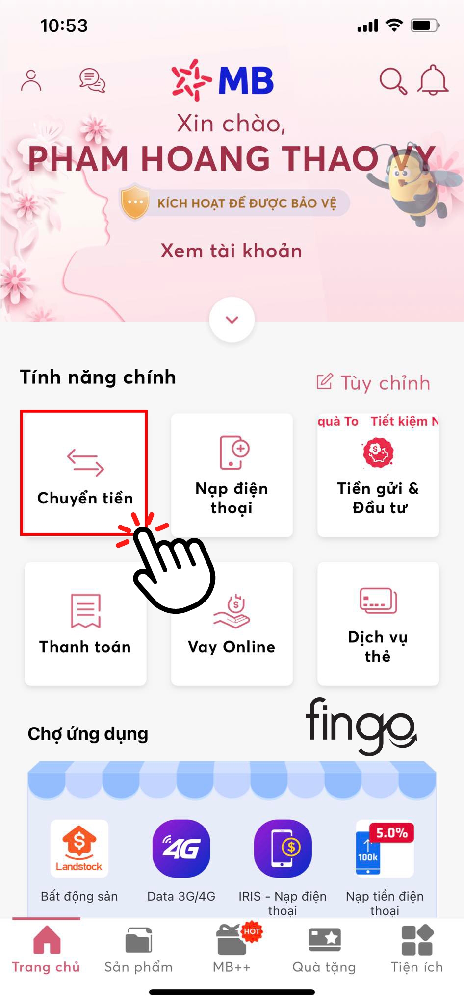 Chọn mục "Chuyển tiền"
