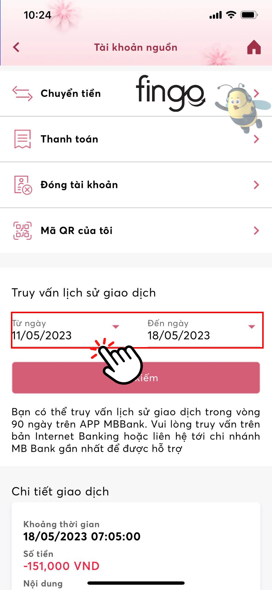 Lựa chọn ngày mình muốn truy vấn lịch sử giao dịch