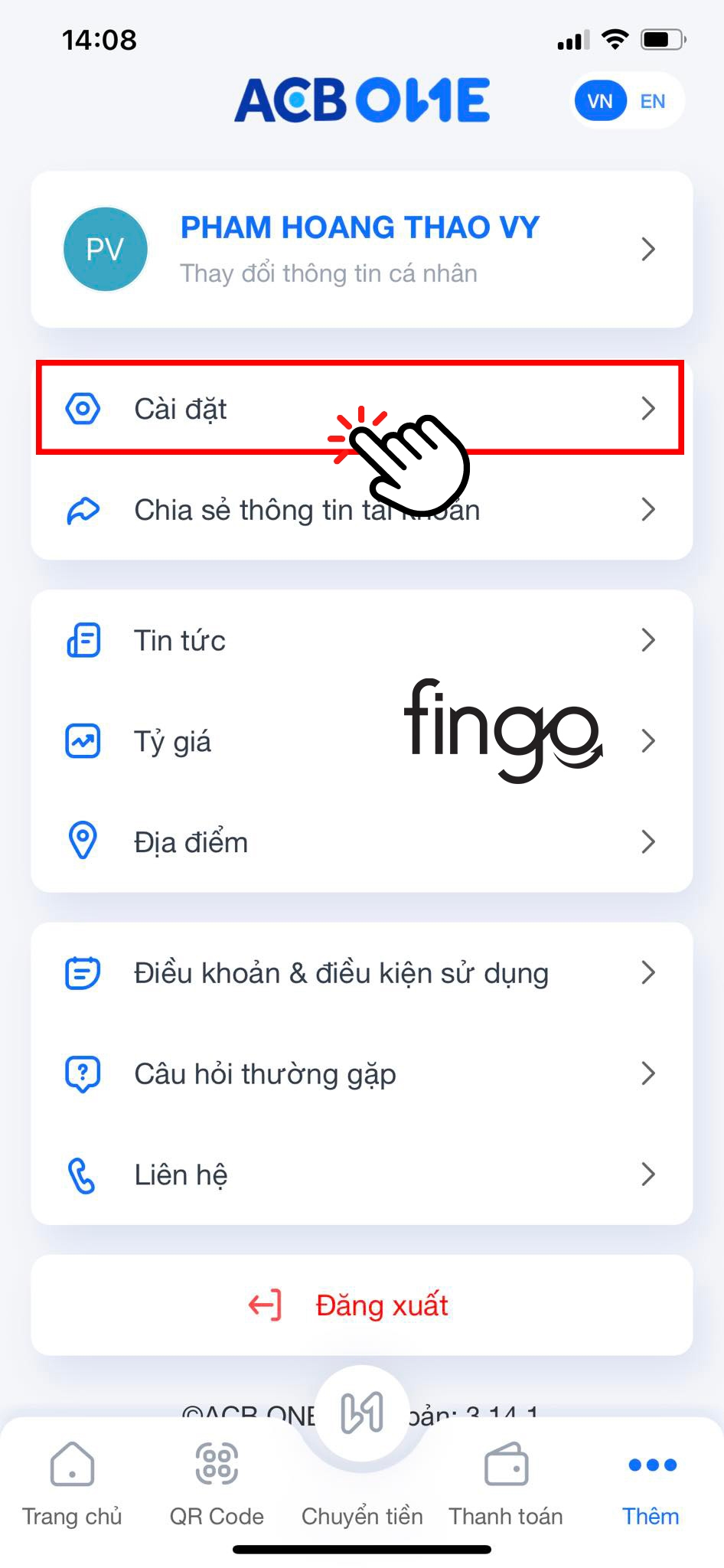 Chọn vào "Cài đặt"