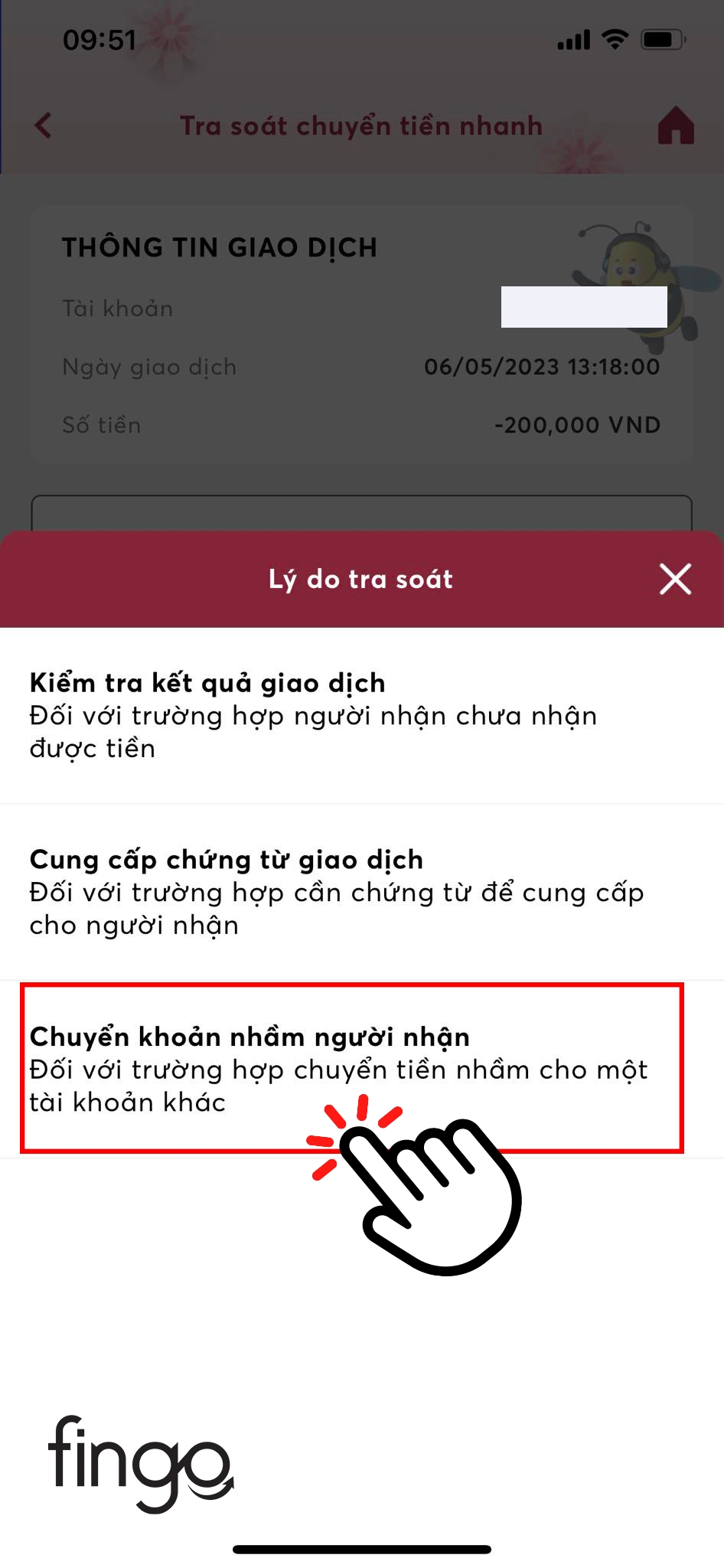 Chọn vào "Chuyển khoản nhầm người nhận"