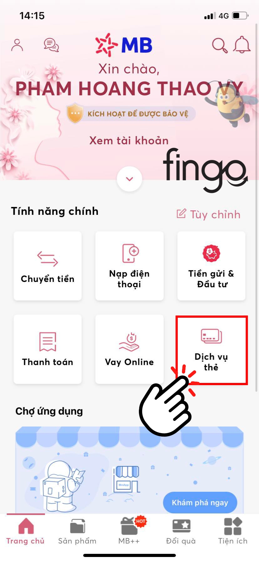 Chọn vào "Dịch vụ thẻ"