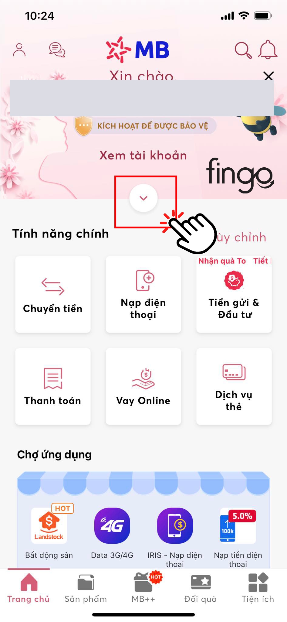 Chọn vào mũi tên xuống