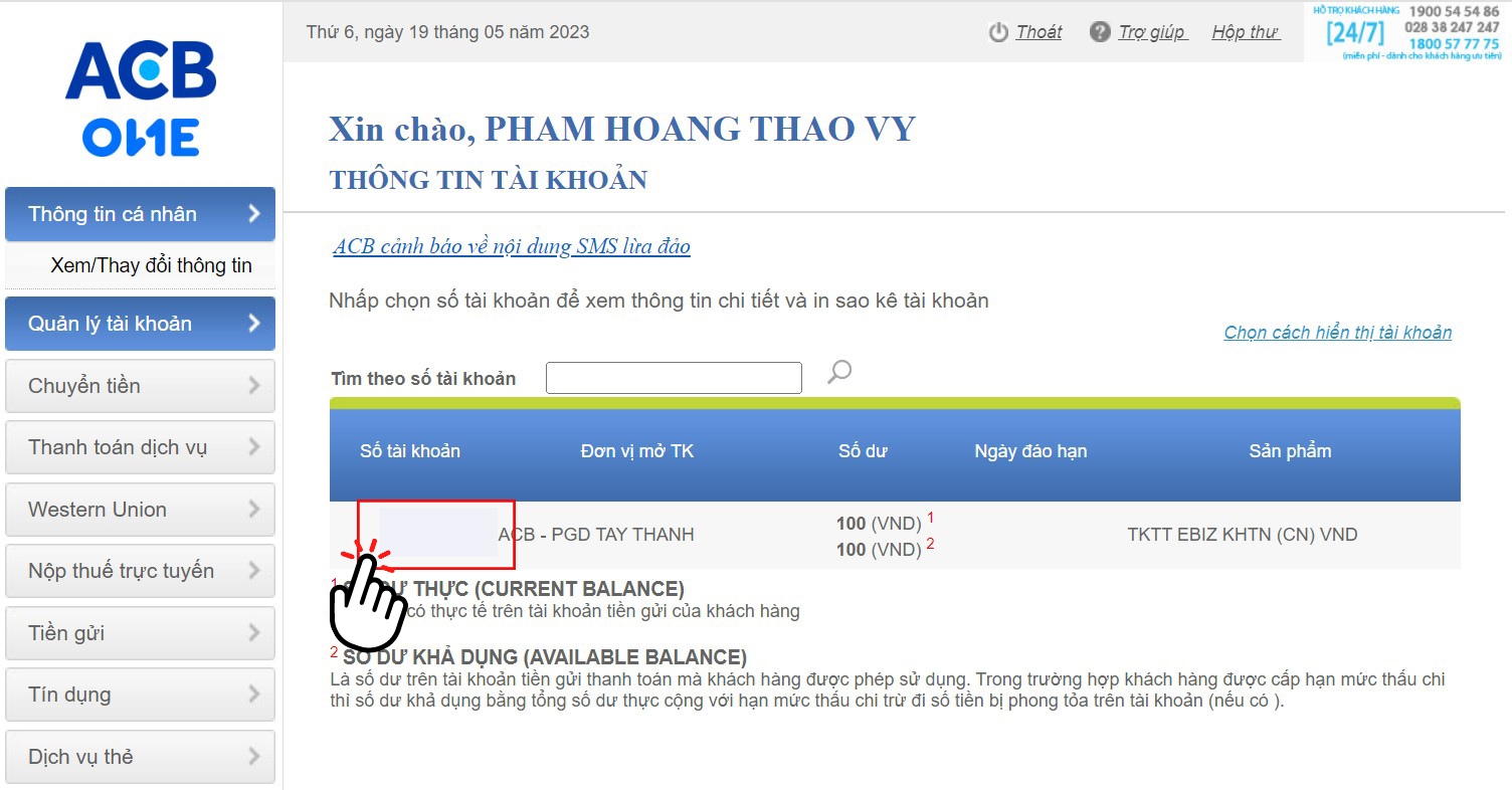 Chọn vào "Tài khoản"