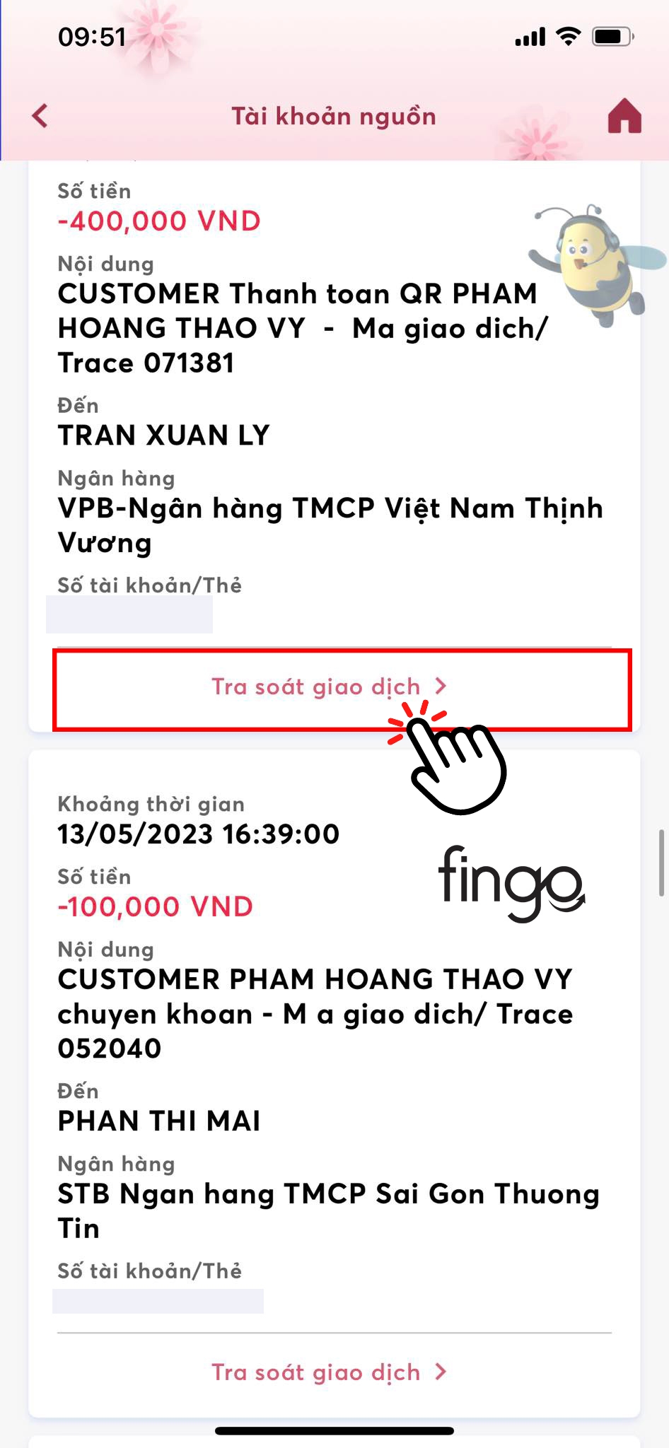 Chọn vào "Tra soát giao dịch"