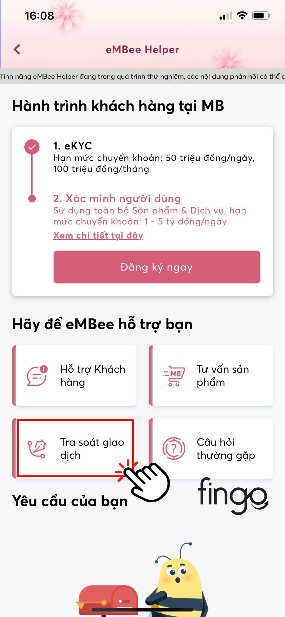 Chọn vào "Tra soát giao dịch"