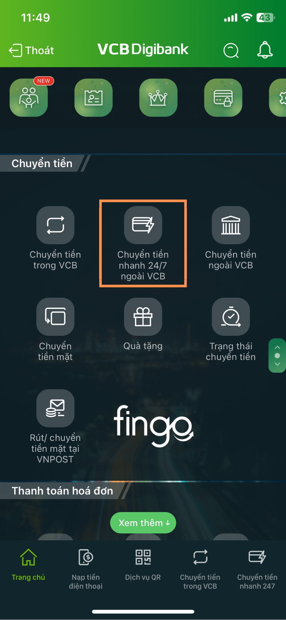 Chuyển tiền ngoài Vietcombank 24/7 bước 1