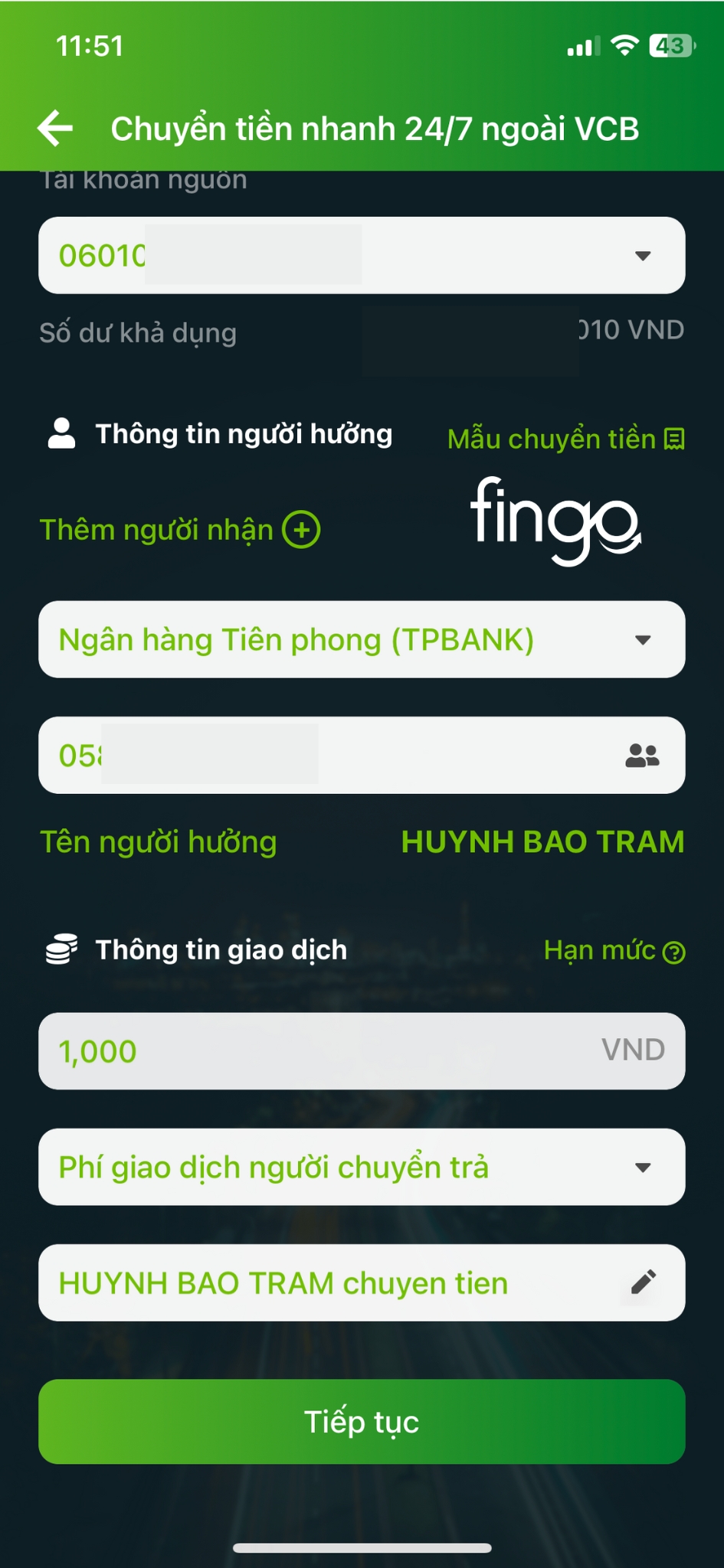 Chuyển tiền ngoài Vietcombank 24/7 bước 2