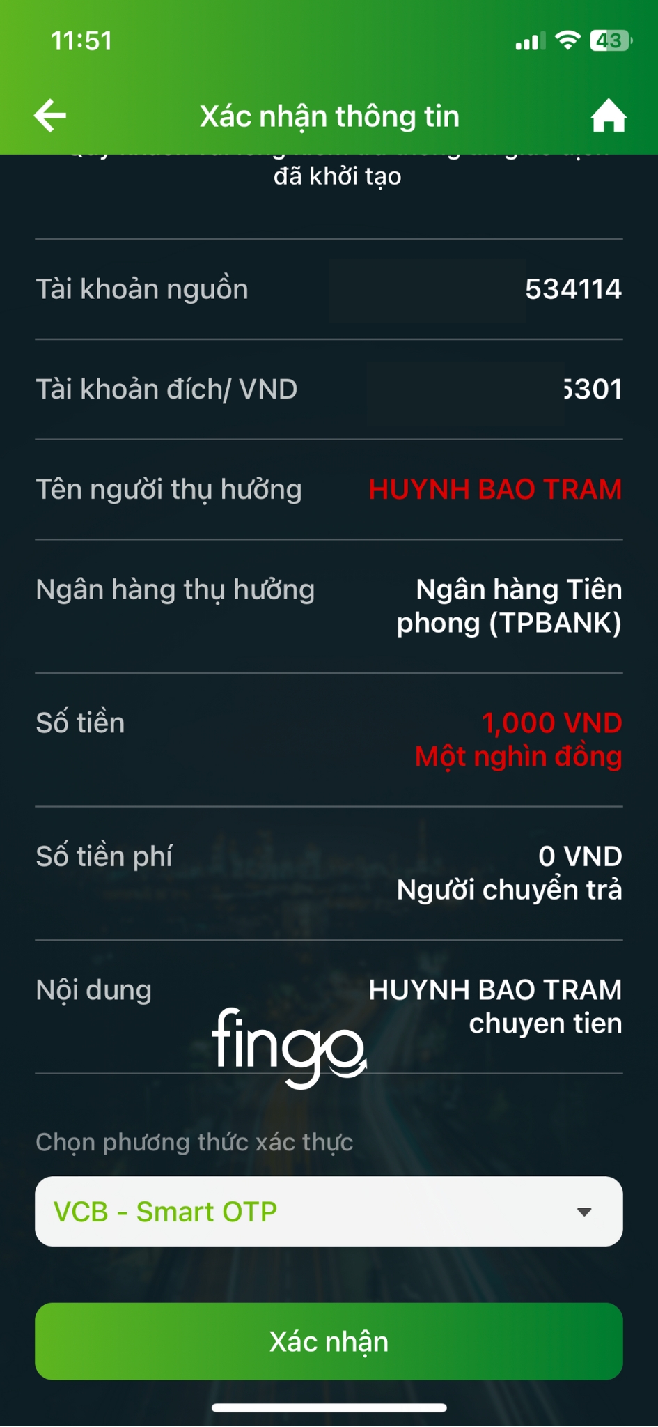 Chuyển tiền ngoài Vietcombank 24/7 bước 3