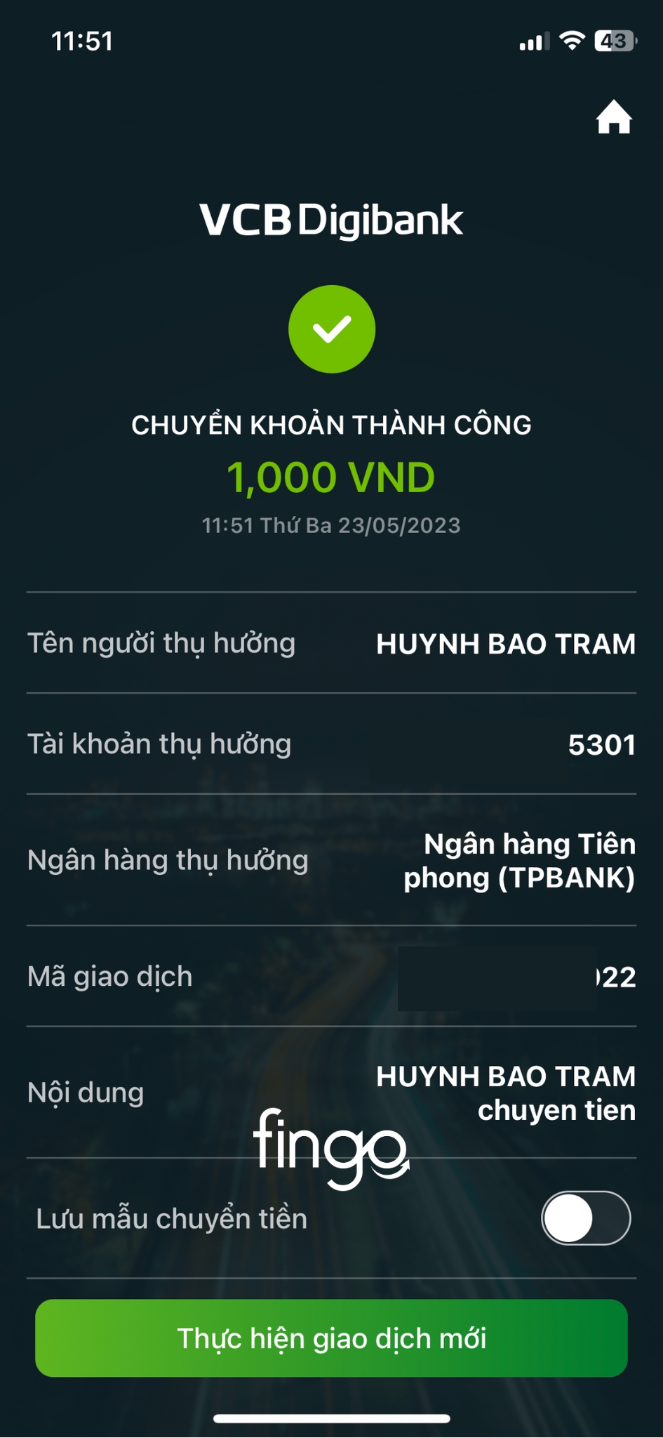 Chuyển tiền ngoài Vietcombank 24/7 bước 4