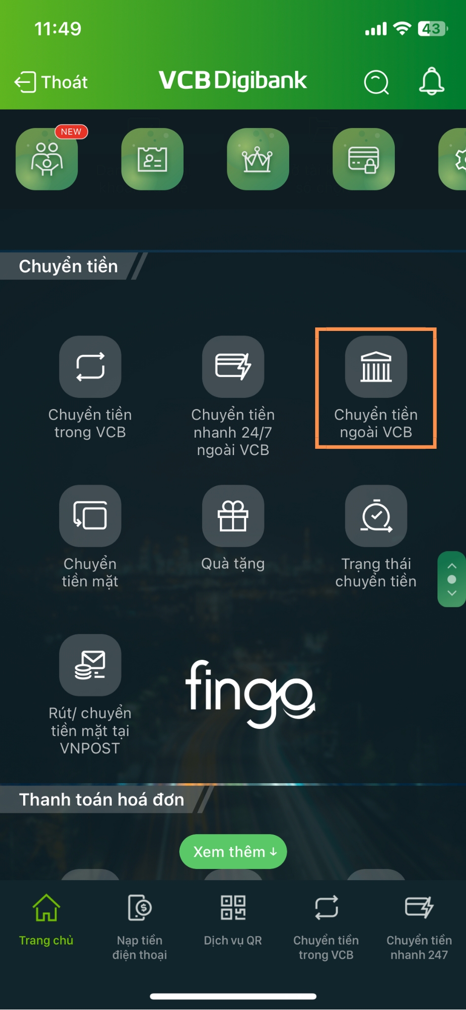 Chuyển tiền ngoài Vietcombank bước 1