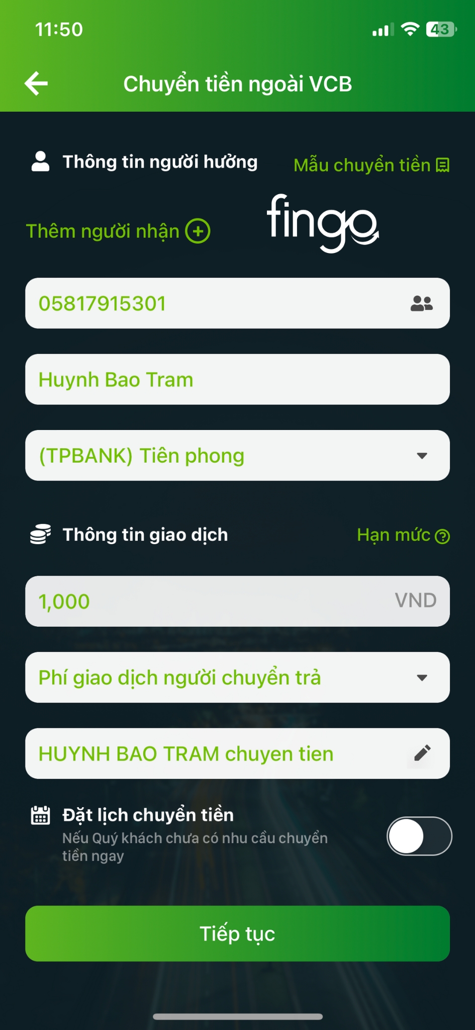 Chuyển tiền ngoài Vietcombank bước 2
