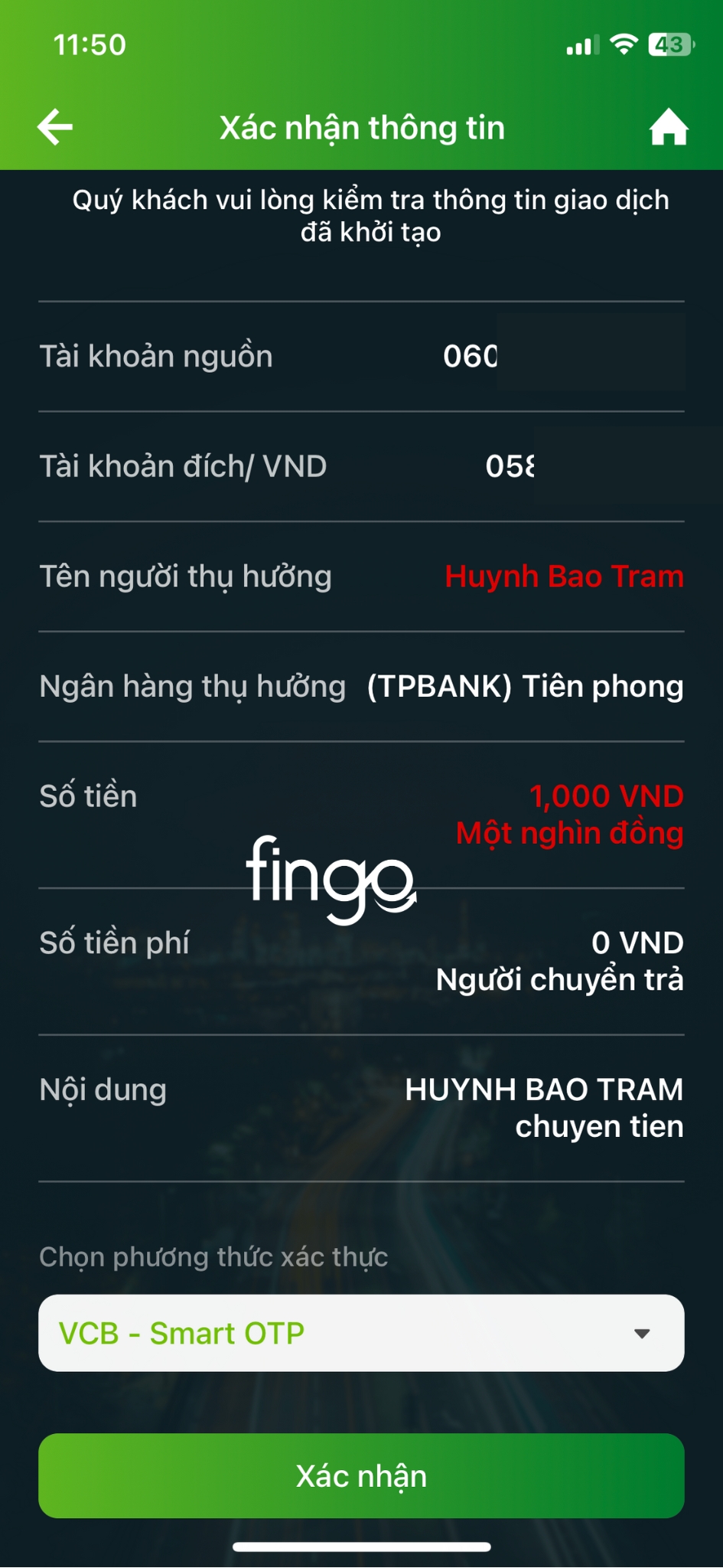 Chuyển tiền ngoài Vietcombank bước 3