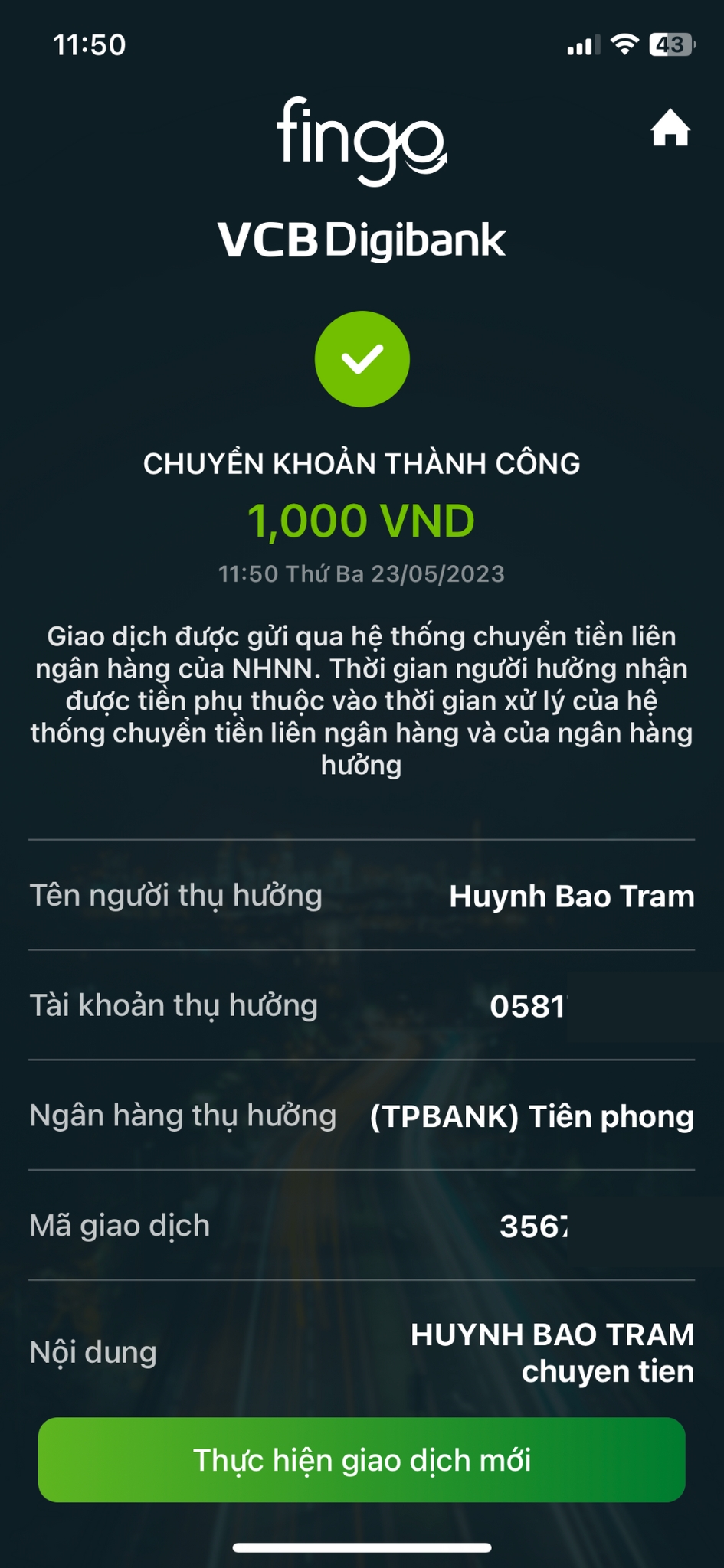 Chuyển tiền ngoài Vietcombank bước 5