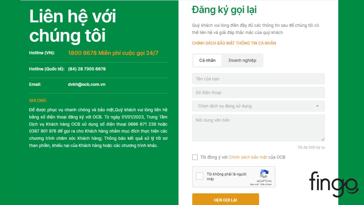Đăng ký gọi lại của ngân hàng OCB.
