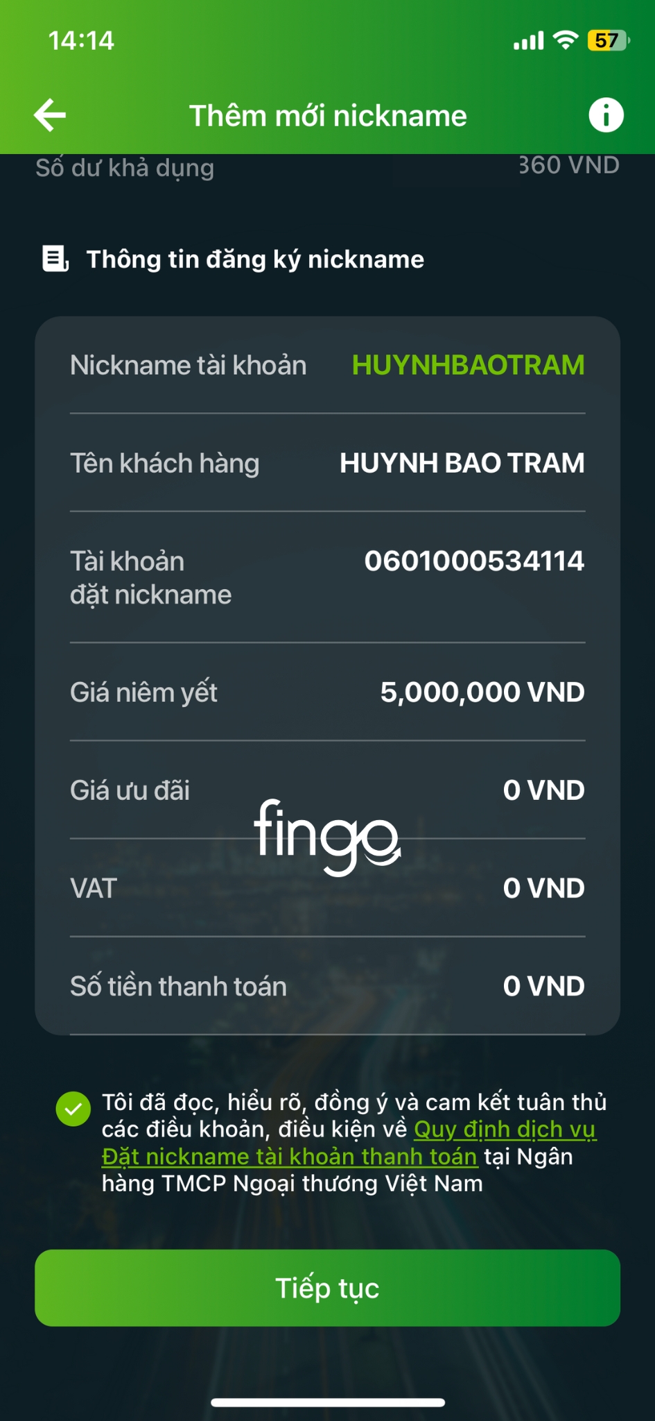 Đặt nickname tài khoản Vietcombank bước 5