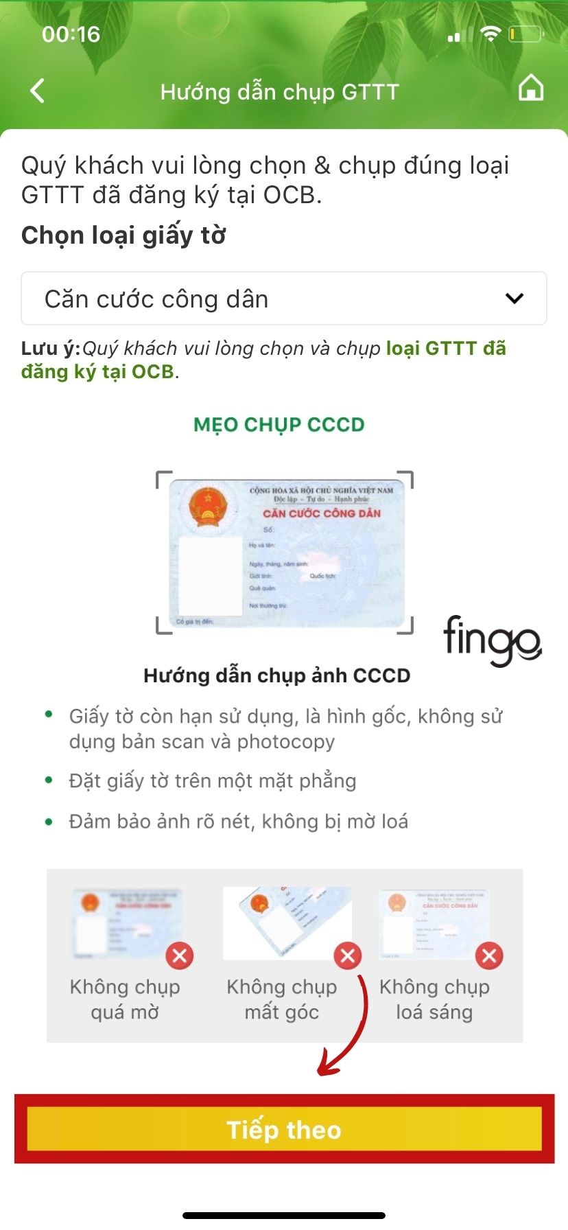 Bước 6: Đọc các mẹo chụp CCCD và hướng dẫn chụp để thực hiện đúng yêu cầu của OCB OMNI.
