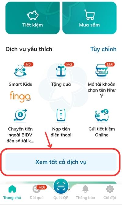 Đăng nhập ứng dụng SmartBanking BIDV. Tại phần dịch vụ, chọn Xem tất cả dịch vụ
