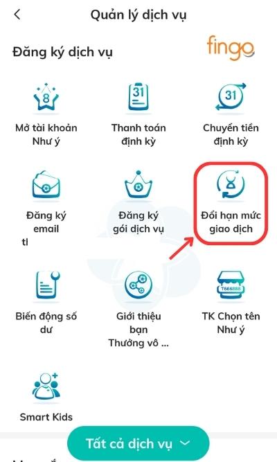 Tại mục Đăng ký dịch vụ, chọn Đổi hạn mức giao dịch