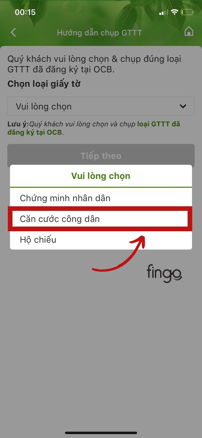 Bước 5: Chọn CCCD để chụp mặt trước, mặt sau.