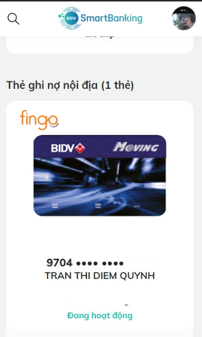 Chọn thẻ ATM mà bạn muốn kiểm tra chi nhánh