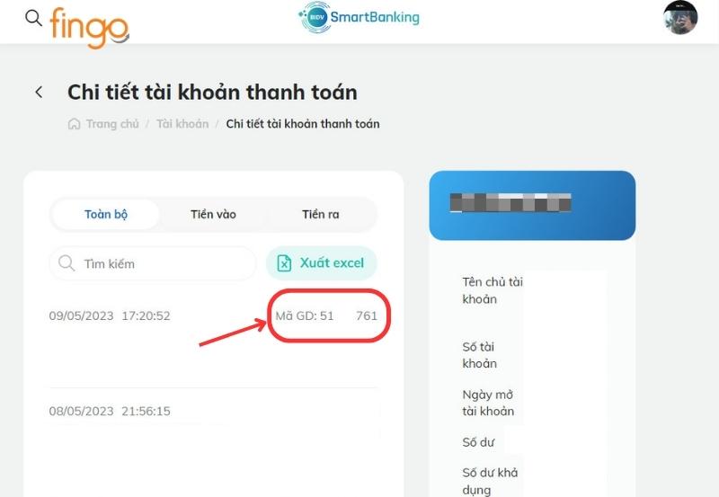Tìm giao dịch mong muốn, bên cạnh sẽ hiển thị mã giao dịch.
