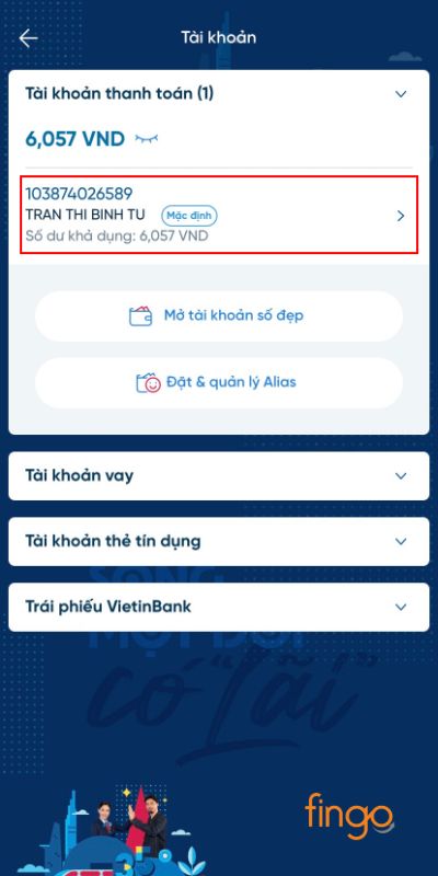 Chọn tài khoản thanh toán