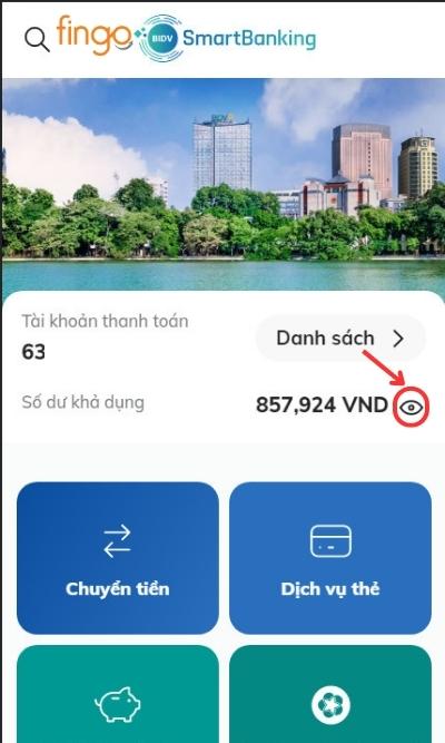 Chọn biểu tượng con mắt để hiện thị số dư khả dụng.