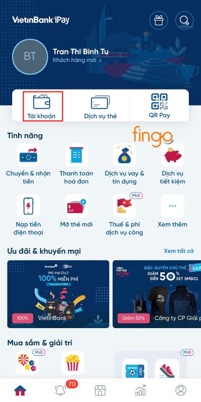 Chọn mục Tài khoản