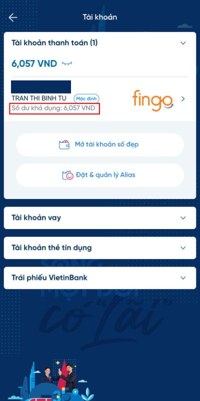 Số dư tài khoản Vietinbank hiển thị bên dưới số tài khoản và tên chủ tài khoản