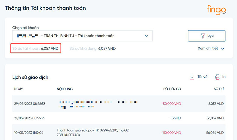 Số dư tài khoản hiển thị ngay góc trái màn hình