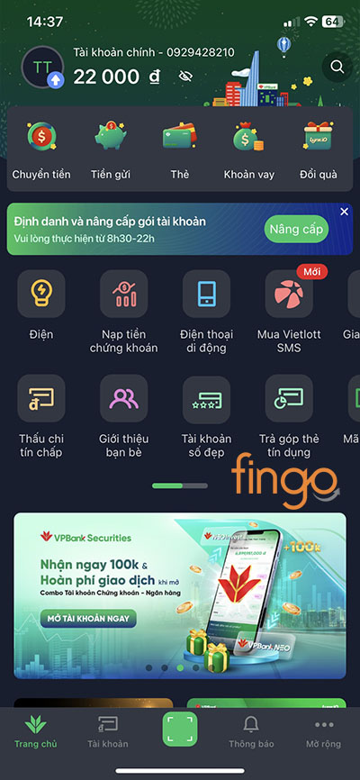 Số dư tài khoản thể hiện ngay trên góc trái của màn hình