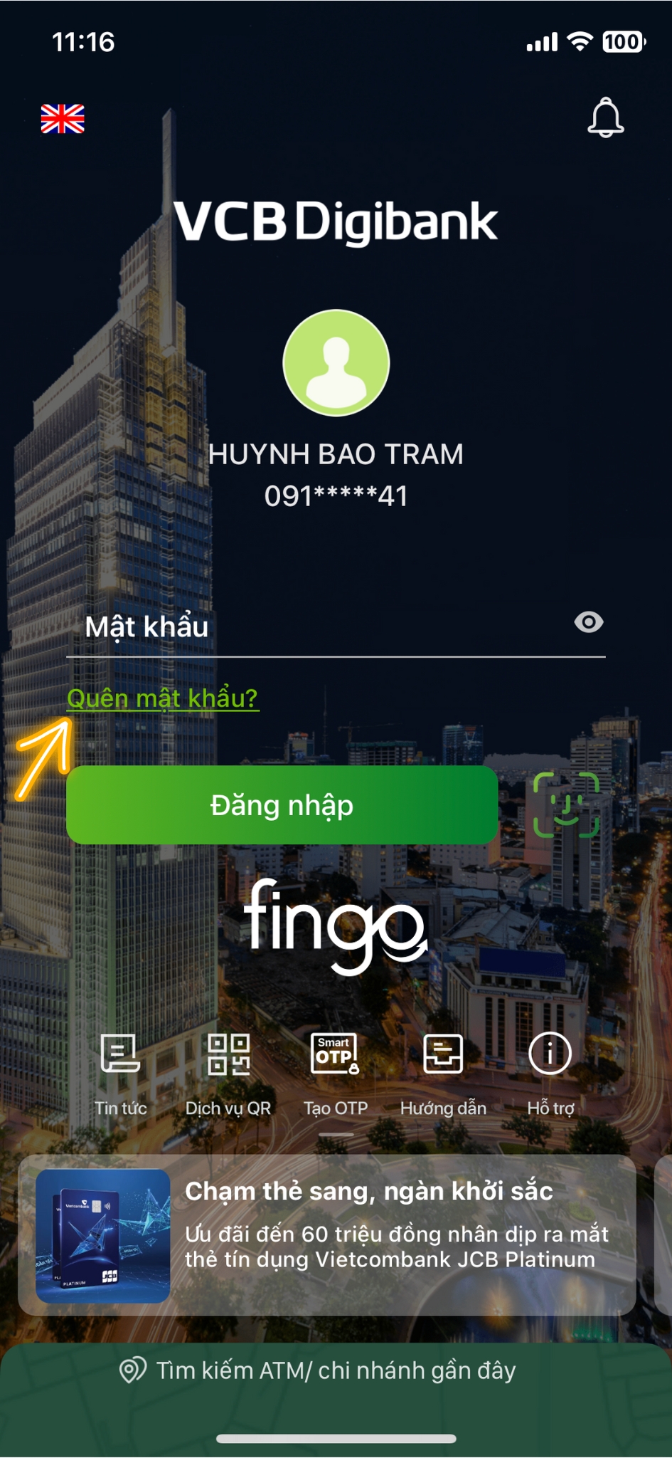 Mật khẩu mặc định Vietcombank là gì bước 1