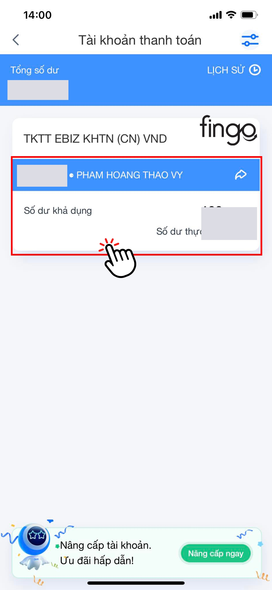 Chọn vào tài khoản bạn muốn xem lịch sử giao dịch ACB
