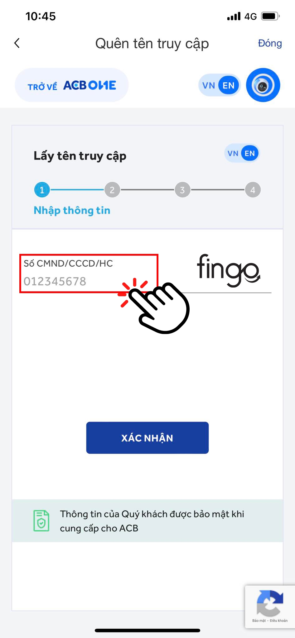 Nhập số giấy tờ tùy thân