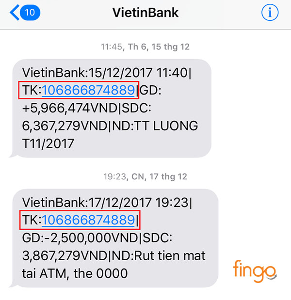Số tài khoản Vietinbank được nhắn ở đầu nội dung tin nhắn