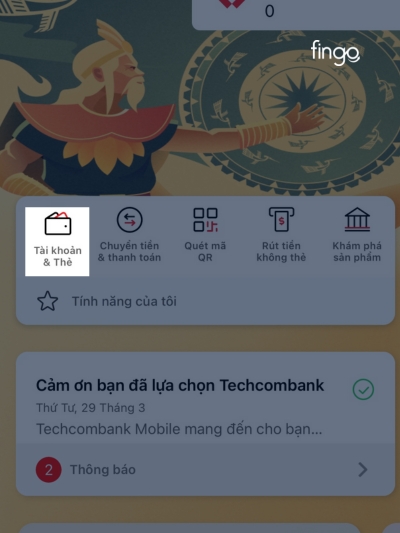 Chọn mục tài khoản và thẻ để kiểm tra số dư