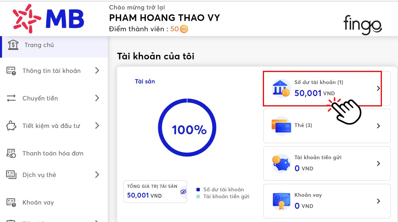 Số dư tài khoản hiển thị tại đây